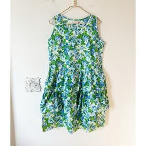 Loungecrest Vintage Blue Floral Rose Drop Waist Tiered Ruffle Cotton Dress L